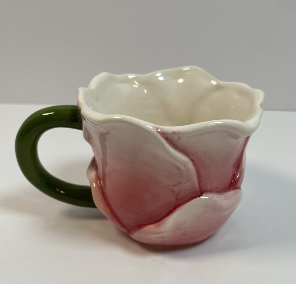 Sculpted Pink And White Flower Petal Teacup With Green Handle